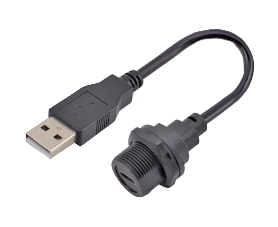 Micro USB母/USB2.0公 带线板后插座(螺纹式)}